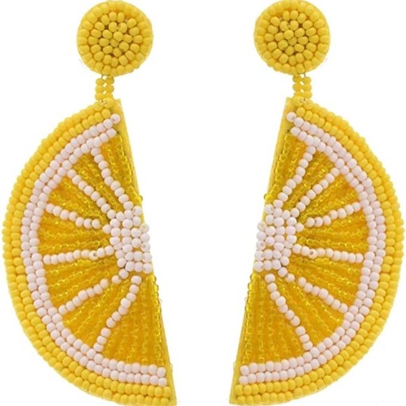 Long 3" Beaded Lemon Slice Earrings Cute Handmade Post Festival Summer Jewelry - Picture 1 of 2